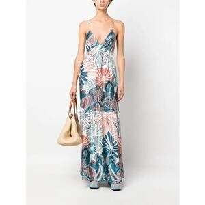 BA&SH Women,s Blue White Paisley Print V-Neck Tiered Maxi Dress Size Medium